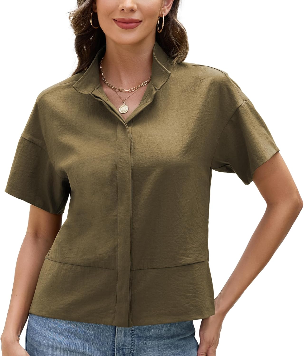 Ainangua Women Casual Button Down Shirts Oversized Short Sleeve Stand Collar Tops Trendy Work Blouses Summer Travel Outfits - Image 2