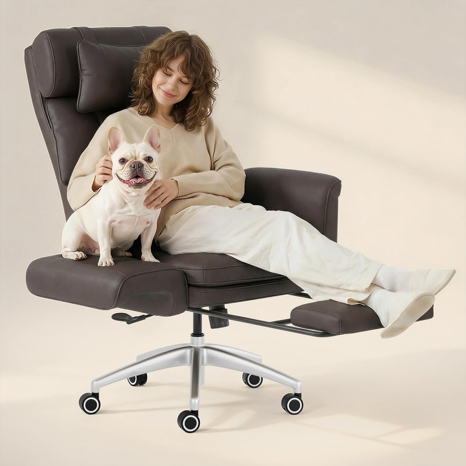 FLEXISPOT Oversized Lounge Chair Indoor with Convertible Seat Width up to 44in Wheels Footrest 180° Flip Armrests, Chairs for Living Room Study Working Relaxing, Scratch-Resistant Leather, Brown