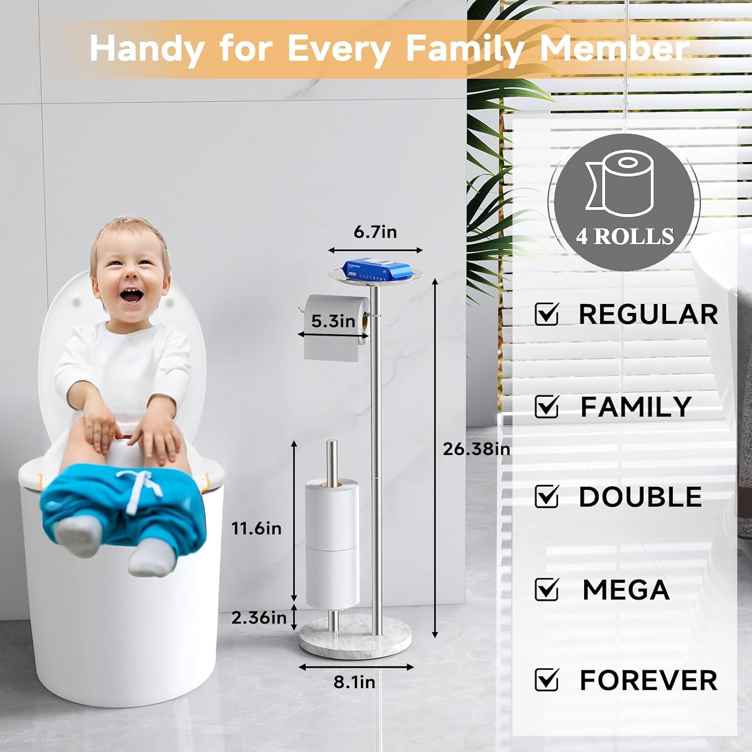 Toilet Paper Holder Stand with Marble Base, Toilet Paper Holder Stand Free Standing with Phone Shelf, Large Capacity Bathroom Toilet Paper Stand Reserve for 4 Rolls (Brush Nickel)