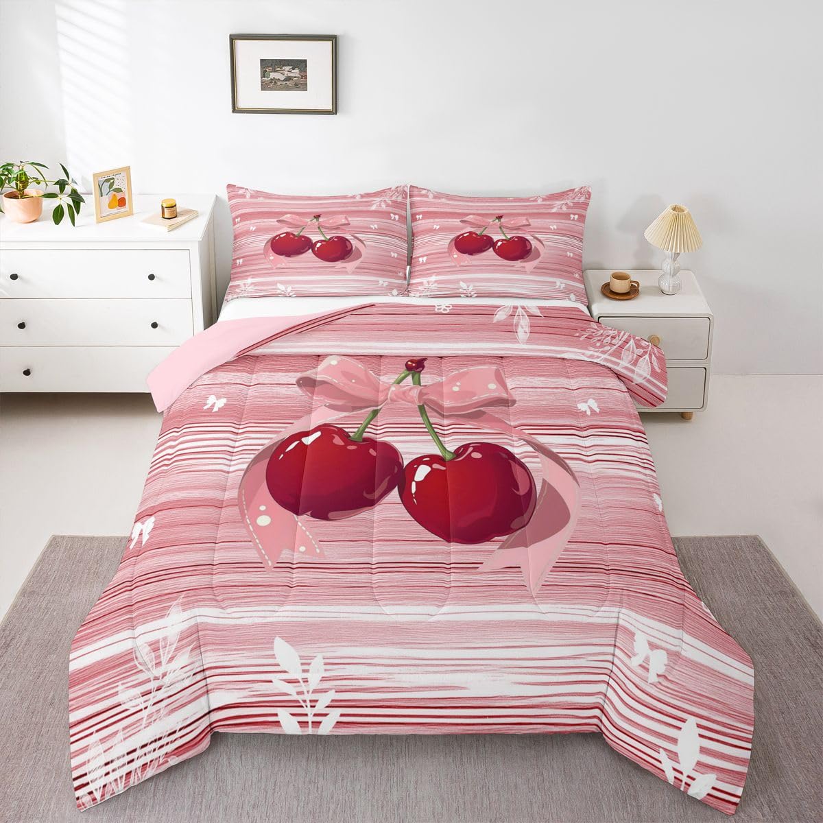 Erosebridal Cherry Bow Twin Comforter Set Pink Valentine Bedding Set for Kids Girls Romantic Bowknot Bowtie Duvet Insert Geometric Stripes Cottagecore Bedroom Decor 2 Pcs