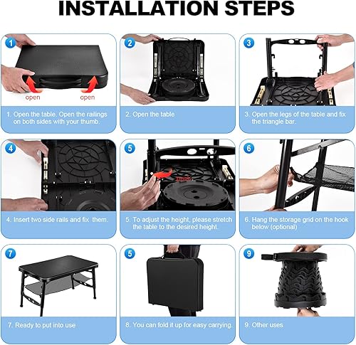 Miniatura 6 de Juego de mesa plegable y taburete retráctil, mesa plegable portátil para camping, ligera pero más resistente, con taburete ajustable para picnic al