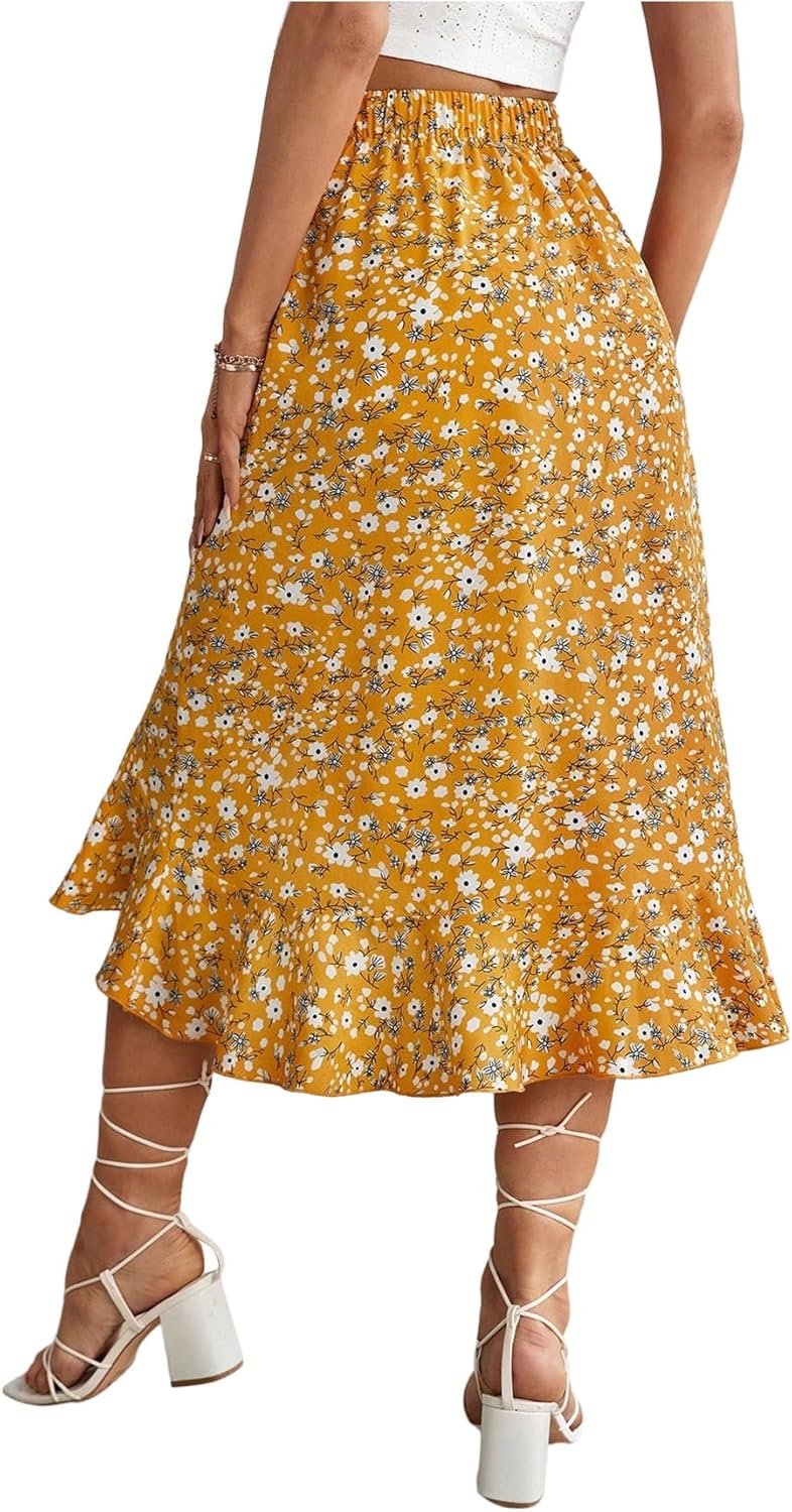 SweatyRocks Women's Ditsy Floral Print Midi Skirt 2025 Summer Boho Ruffle Hem Skirt - Image 2