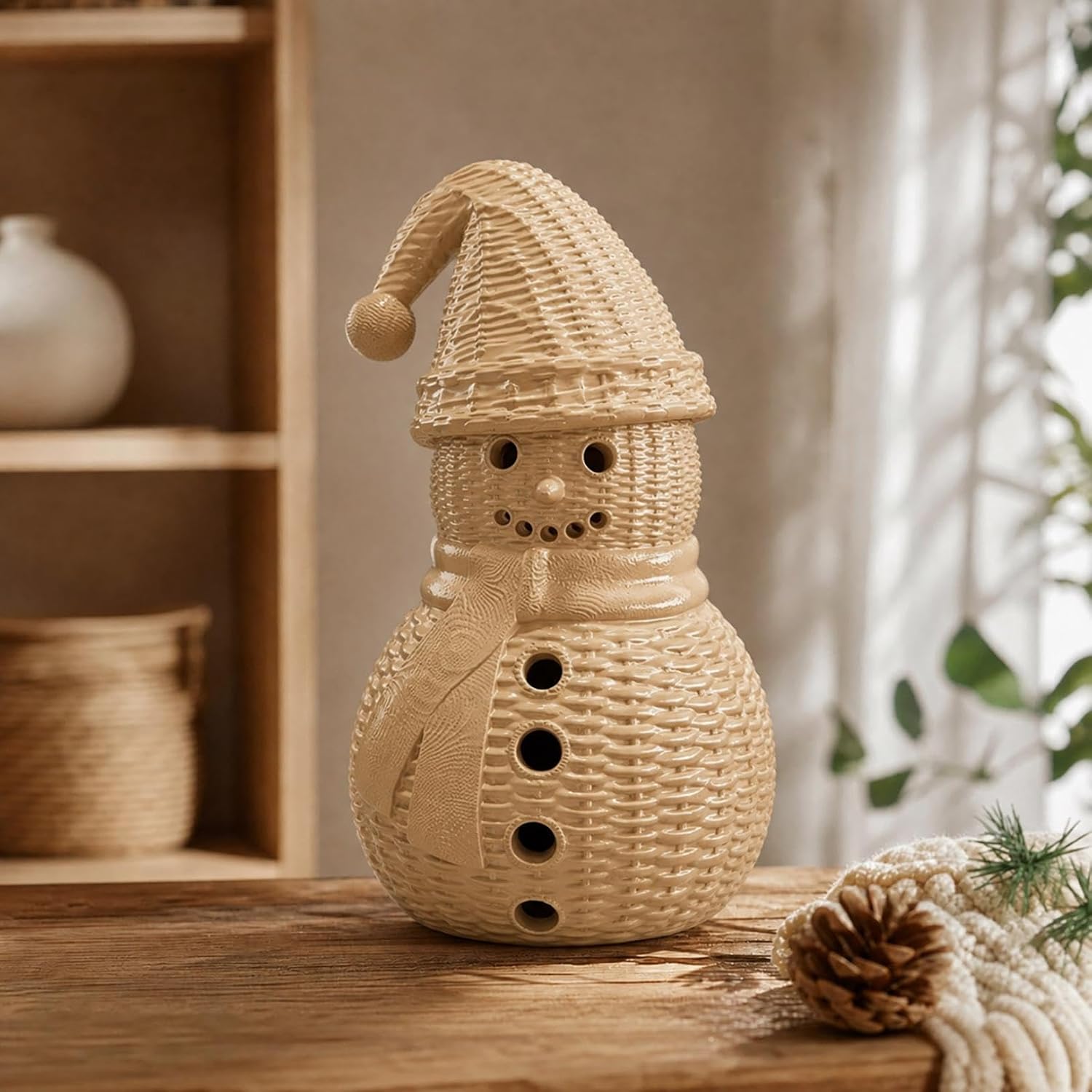 Handwoven Natural Rattan Snowman Figurine, with Santa Hat & Burlap Scarf, Farmhouse Tabletop Snowman Statue, Rustic Christmas Indoor Home Decor for Mantel Shelf Entryway Holiday Ornament，Type A