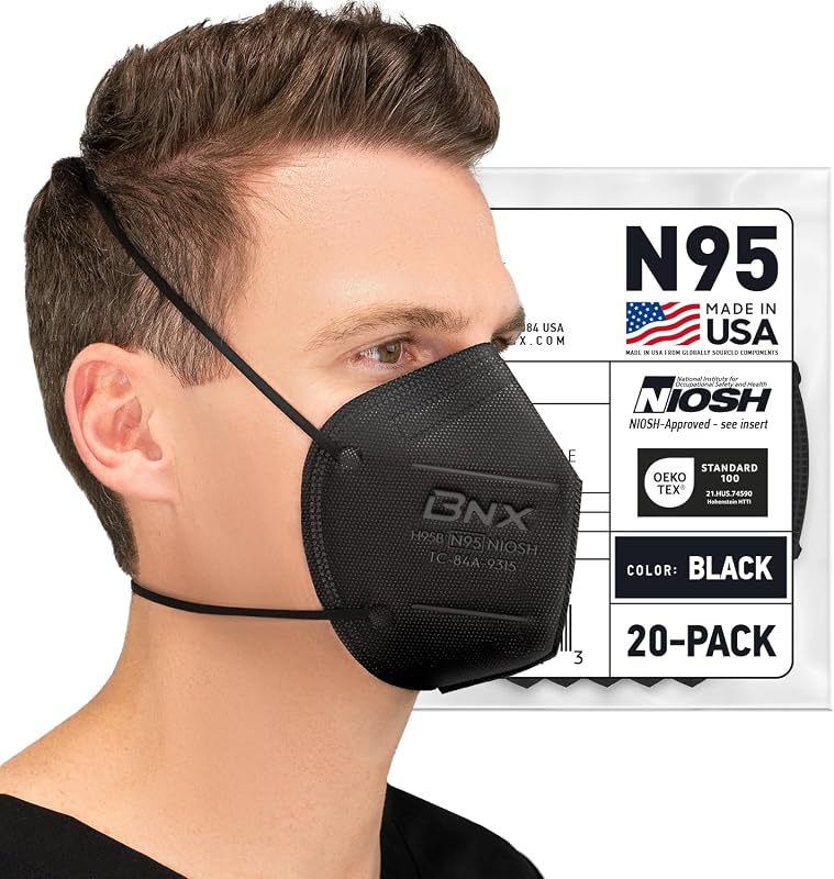 AccuMed BNX N95 Mask Black NIOSH Certified MADE IN USA Particulate Respirator Protective Face Mask (20-Pack, Approval Number TC-84A-9315 / Model H95B) Black