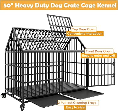 50 inch Indestructible Heavy Duty Dog Crate with 2 Bowls, Escape-Proof Indoor Impact Dog Cage for Large Giant Dogs, High Anxiety Pet Kennel with 2 Trays, 4 Wheels, 4 Locks and Double Door, XL XXL