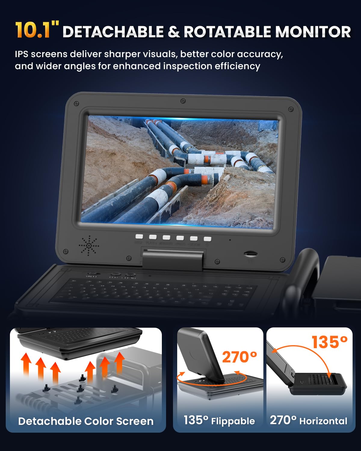 10'' Sewer Camera with 512Hz Transmitter - 7MM/200Ft/60M Self Leveling Drain Camera & Meter Counter & 5X Zoom - 145° Plumbing Pipe Inspection Cam - 1080P IPS Adjustable Monitor with Keyboard