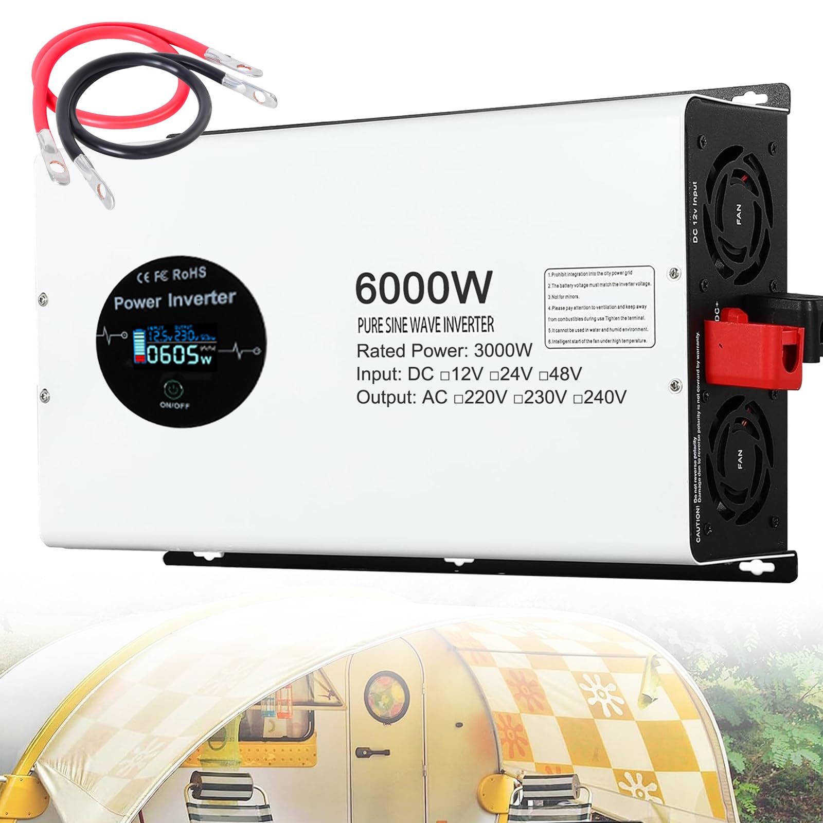 6000W/3000W Wechselrichter, Reine Sinuswelle, DC 12V 24V 48V auf AC 220V Spannungswandler mit LCD-Display und kabelloser Fernbedienung und USB-Anschluss,48V to 240V