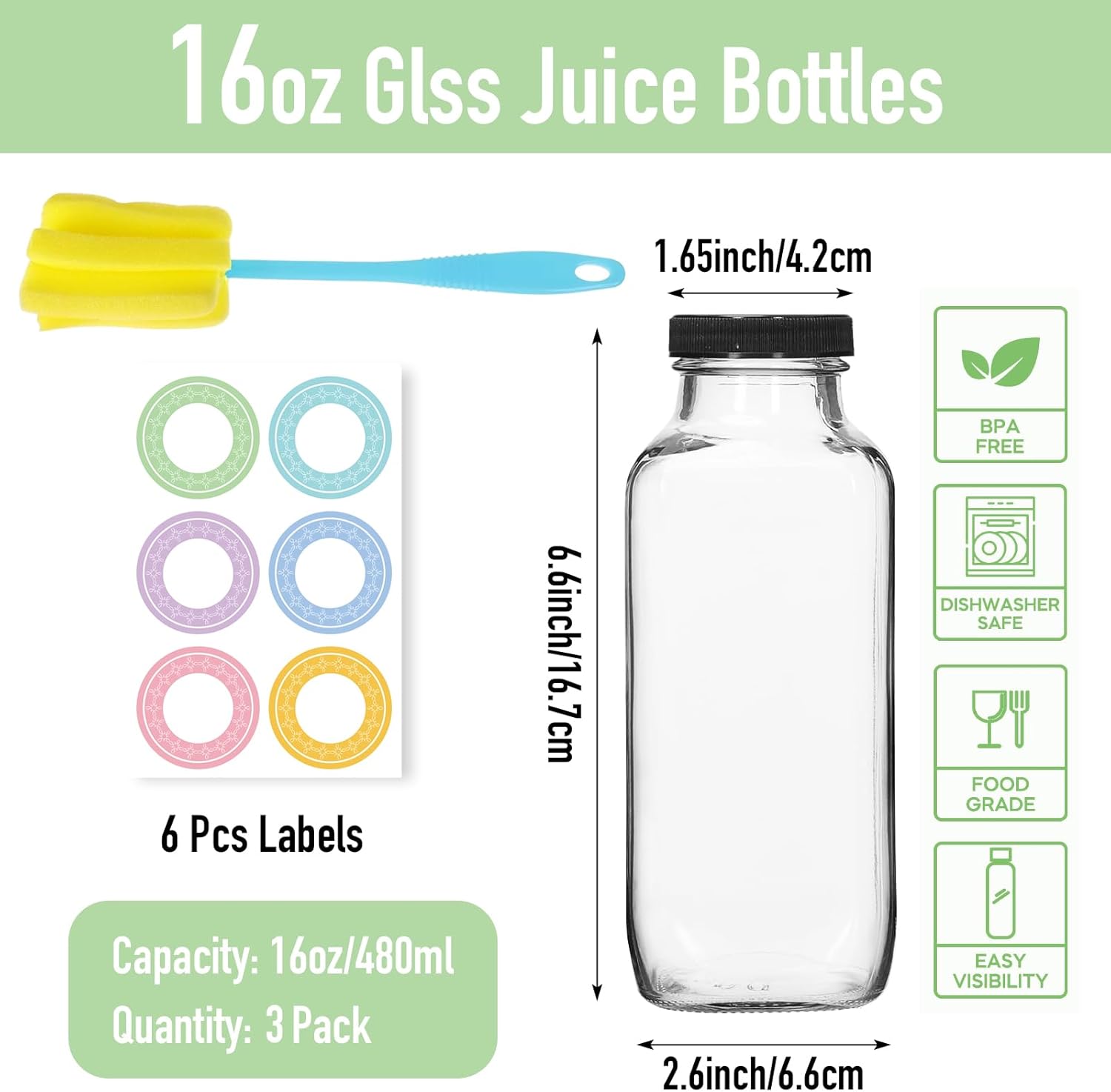 3 Pack 12oz Glass Water Bottles, 350ml Empty Glass Juice Bottles with Black Lids, Brush & Labels, Clear Reusable Drinking Jars for Juicing, Homemade Smoothies, Beverages - Image 2