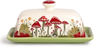 Fungi Fun Mushroom Butter Dish with Lid - Cute Ceramic Cottagecore Boho Farmhouse Kitchen Decor Holder (White)