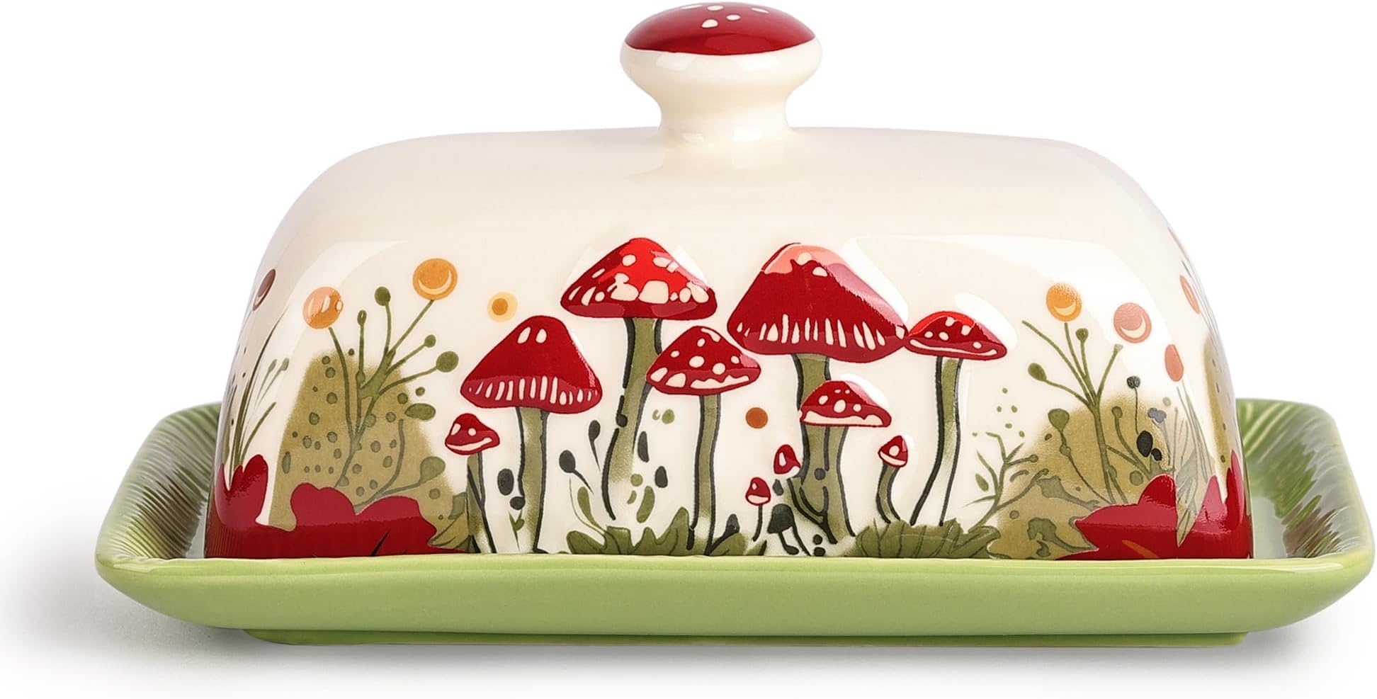 Fungi Fun Mushroom Butter Dish With Lid โ Cute Cottagecore Ceramic Storage Container, Vintage French Covered Tray, Boho Farmhouse Kitchen Decor Gift, Unique Countertop Holder (White, Standard)