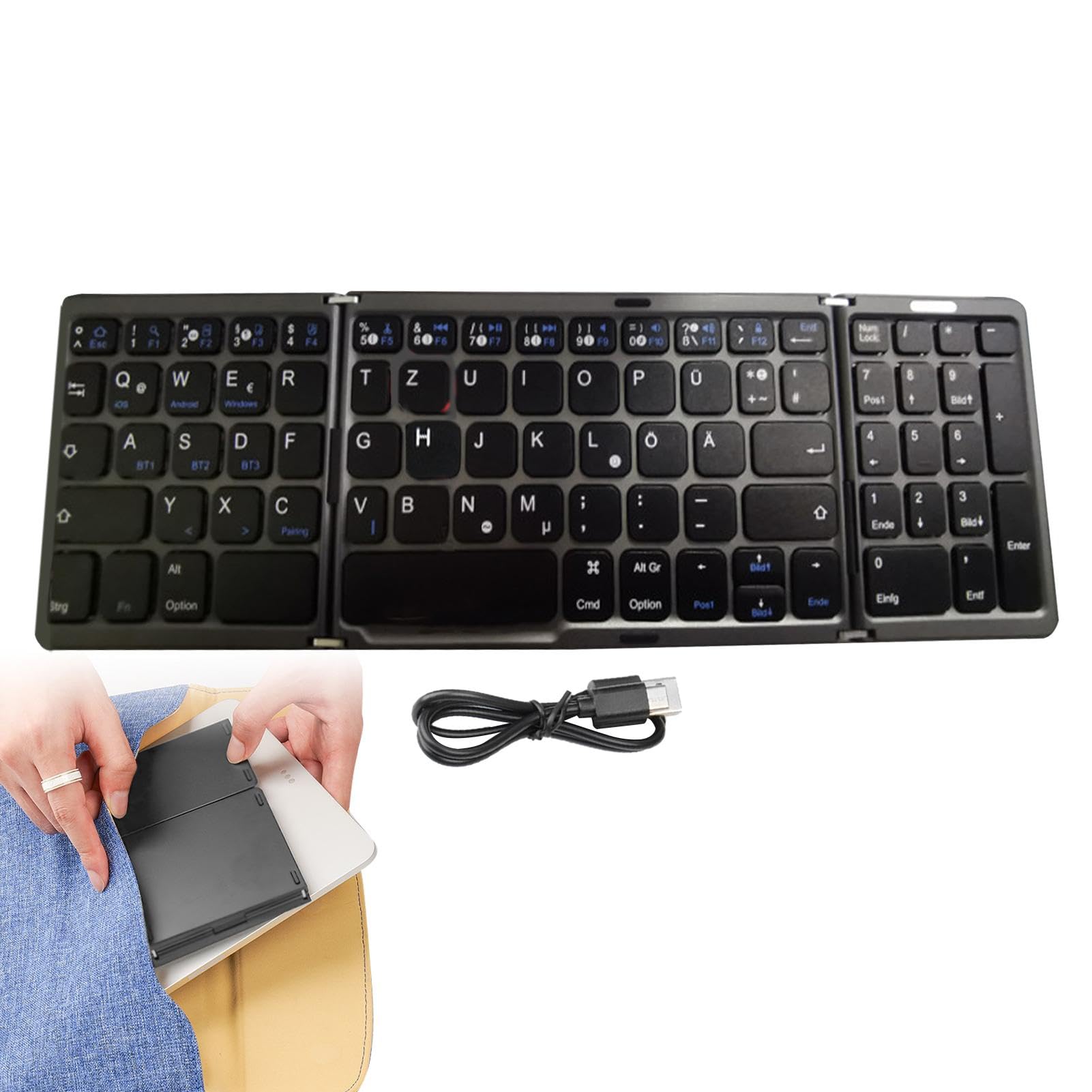 Tastiera wireless Tri-Fold, tastiera pieghevole - Tastiera portatile | wireless Tri-folding | Tastiera wireless multisistema e multilingue per laptop e smartphone