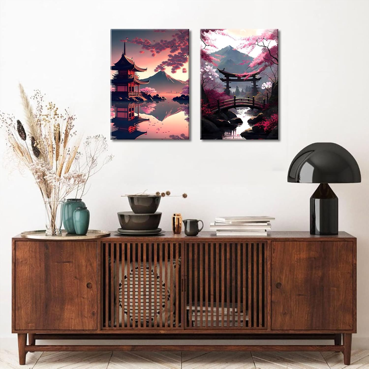 2Pcs Japanese Canvas Wall Art Japan Landscape Posters Prints Sakura Wall Decor Pictures for Living Room Bedroom Home Decoration, 12x16in