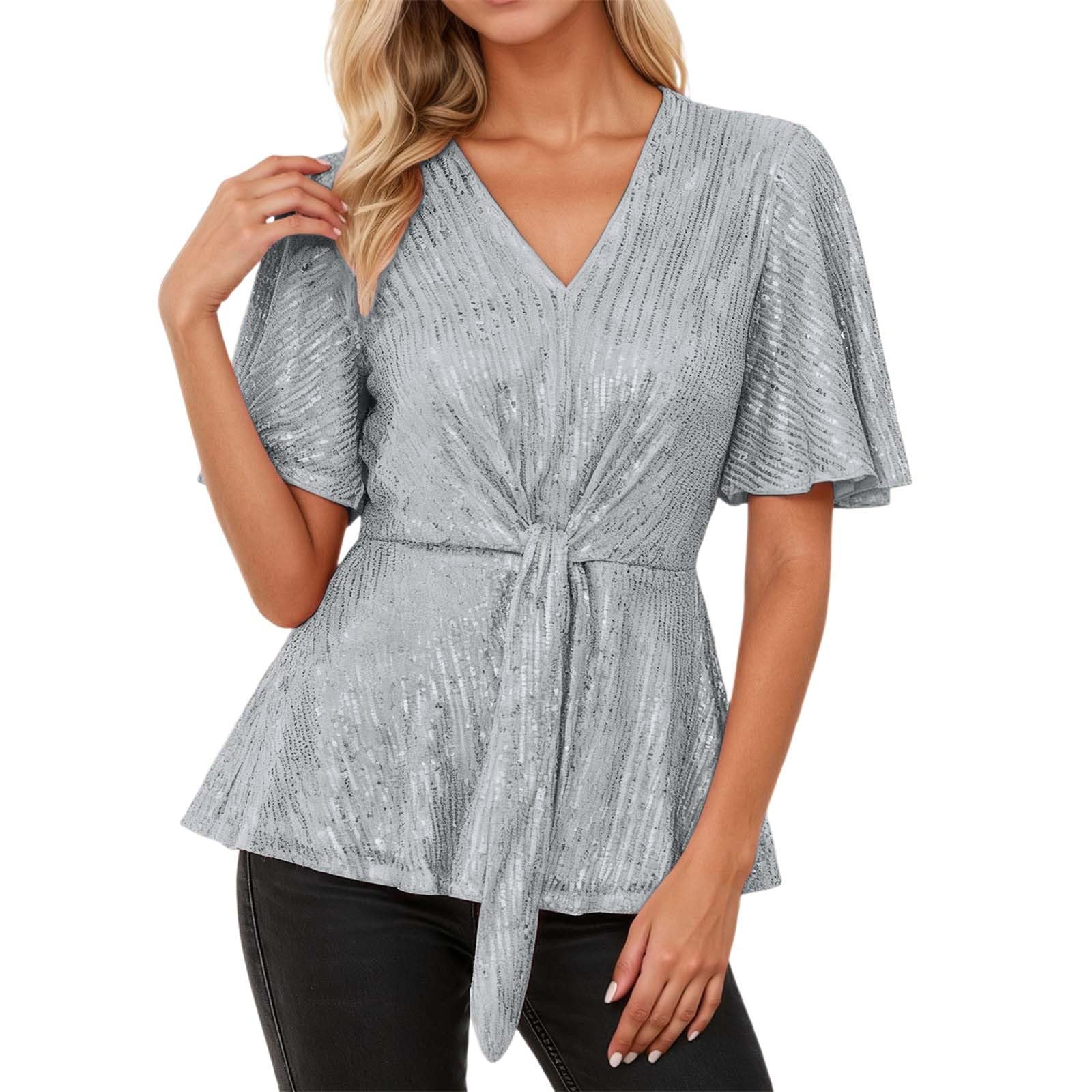 Generisch Top brillante para mujer, parte superior con purpurina, blusa de fiesta, blusas y túnicas, elegante jersey de Navidad, cuello en V, traje de Nochevieja