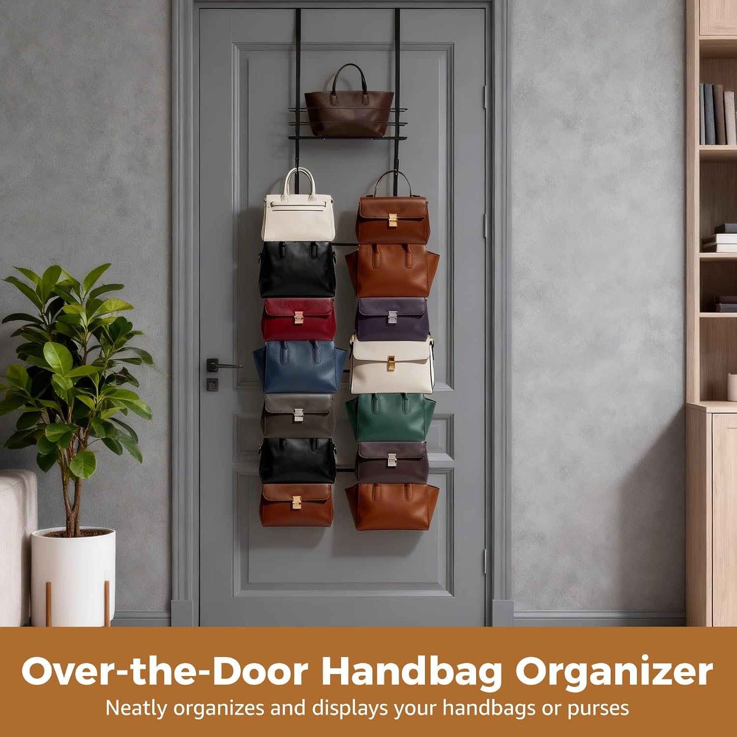Over The Door Purse Organizer, Wall Mounted Purse Handbag Organizer – 16 Hooks & Metal Basket, Adjustable Multi-Layer Design, Space-Saving & No-Damage Hanging Storage Rack
