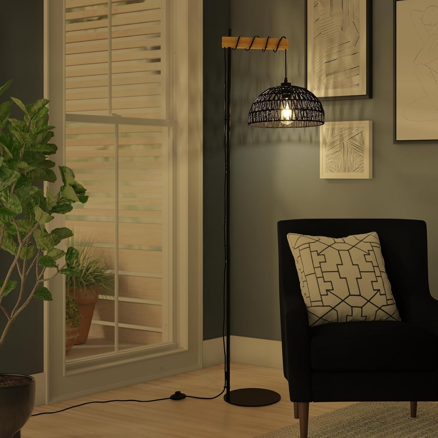 Alpinaluz Lampa Podłogowa E27 Czarny Pleciony Papier Czarna Podstawa 158 cm | Ręcznie wykonany klosz Ø32 cm, styl boho nordycki z wtyczką i przełącznikiem nożnym do salonu, sypialni i czytania