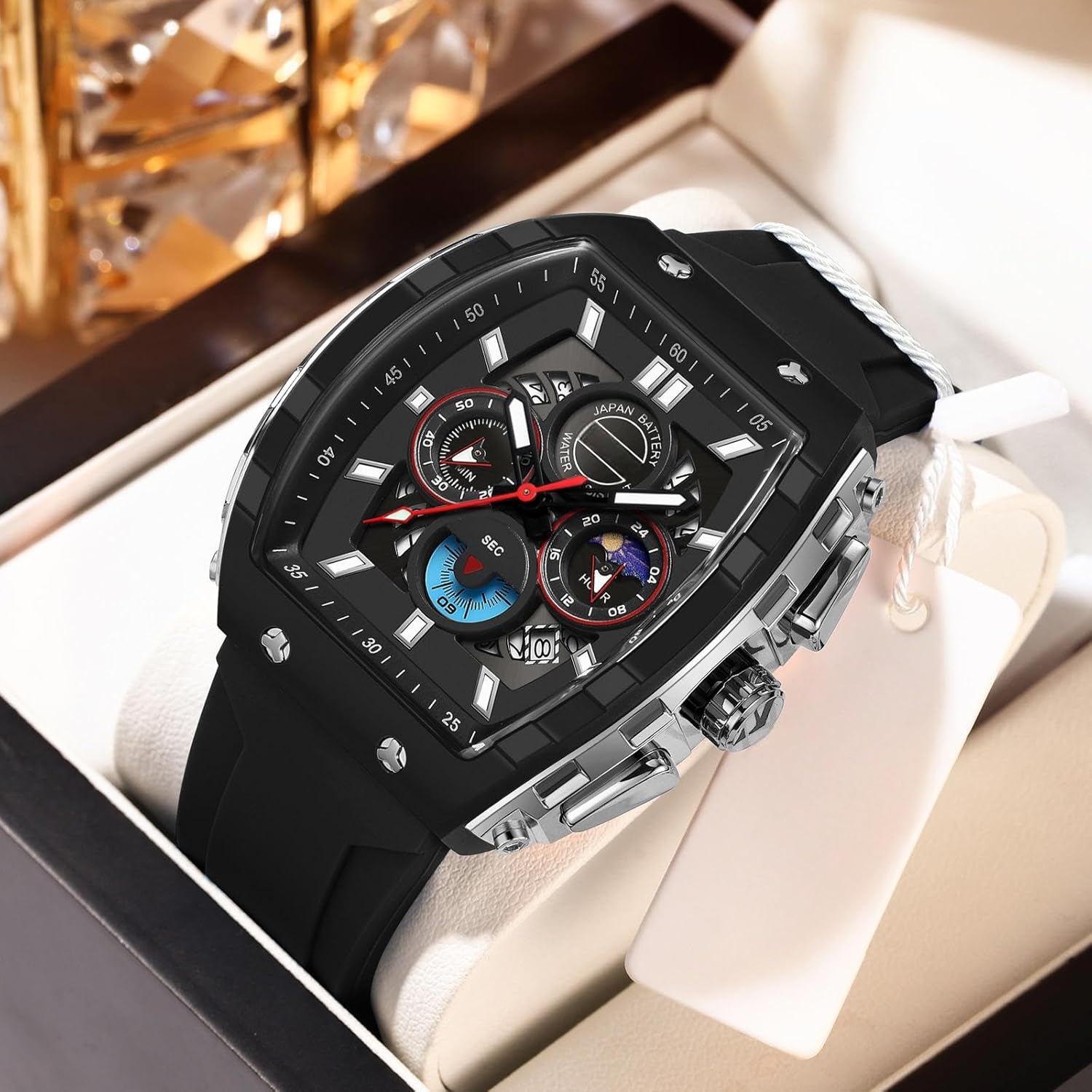 findtime Tonneau Watches for Men Chronograph Date Luminous Wristwatch with White Silicone Strap Analog Quartz Men's Watch Business Casual Dress Designer - Image 3