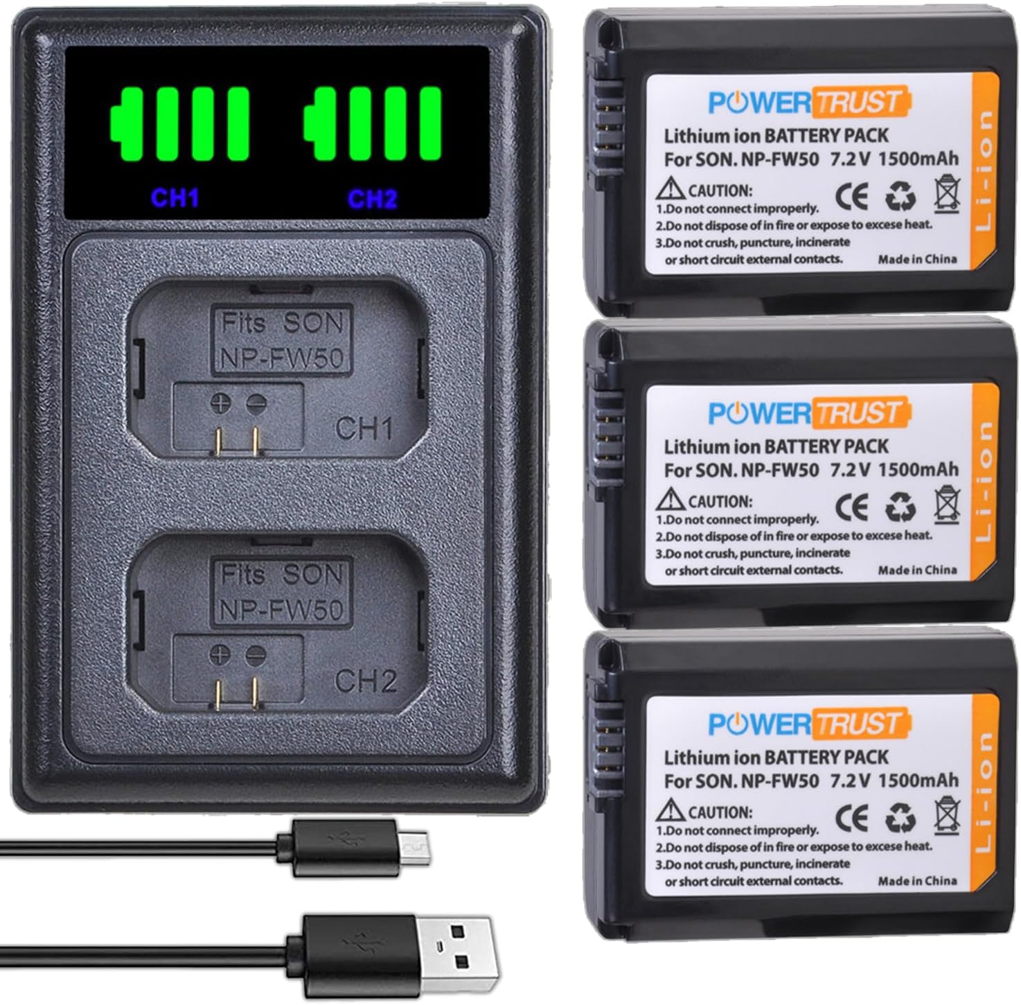 3-Pack NP-FW50 Battery and FW50 Dual USB Charger for Sony Alpha A6500, A6300, A6000, A7, A7II, A7SII, A7S, A7S2, A7R, A7R2, A7RII, A55, A5000 A5100, RX10, RX10II Camera