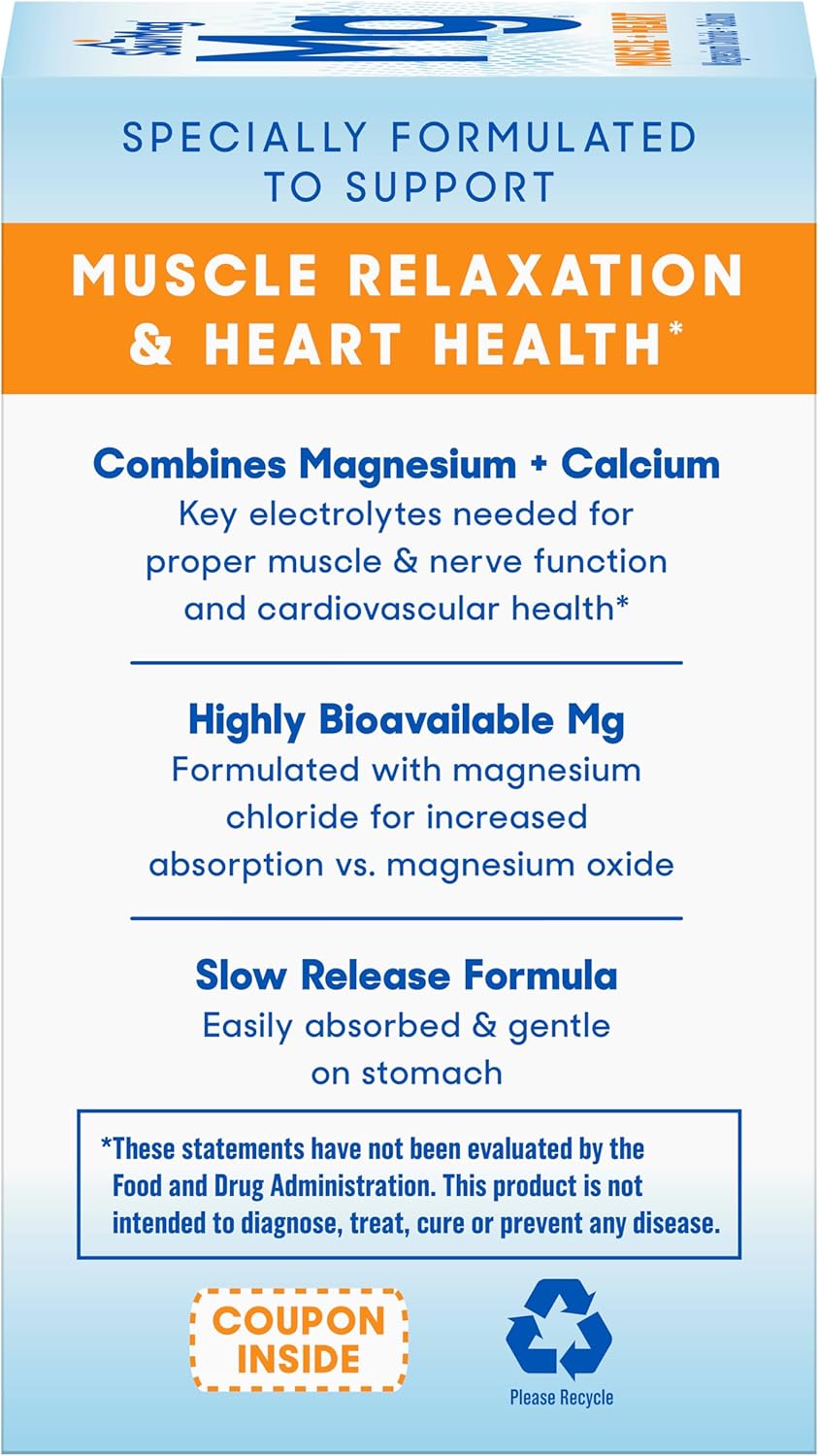 SlowMag Mg Muscle + Heart, Supports Muscle Relaxation and Heart Health. Magnesium Chloride + Calcium, Slow-Release Tablets, Easy to Absorb and Gentle on the Stomach. 60 Count (Pack of 2)
