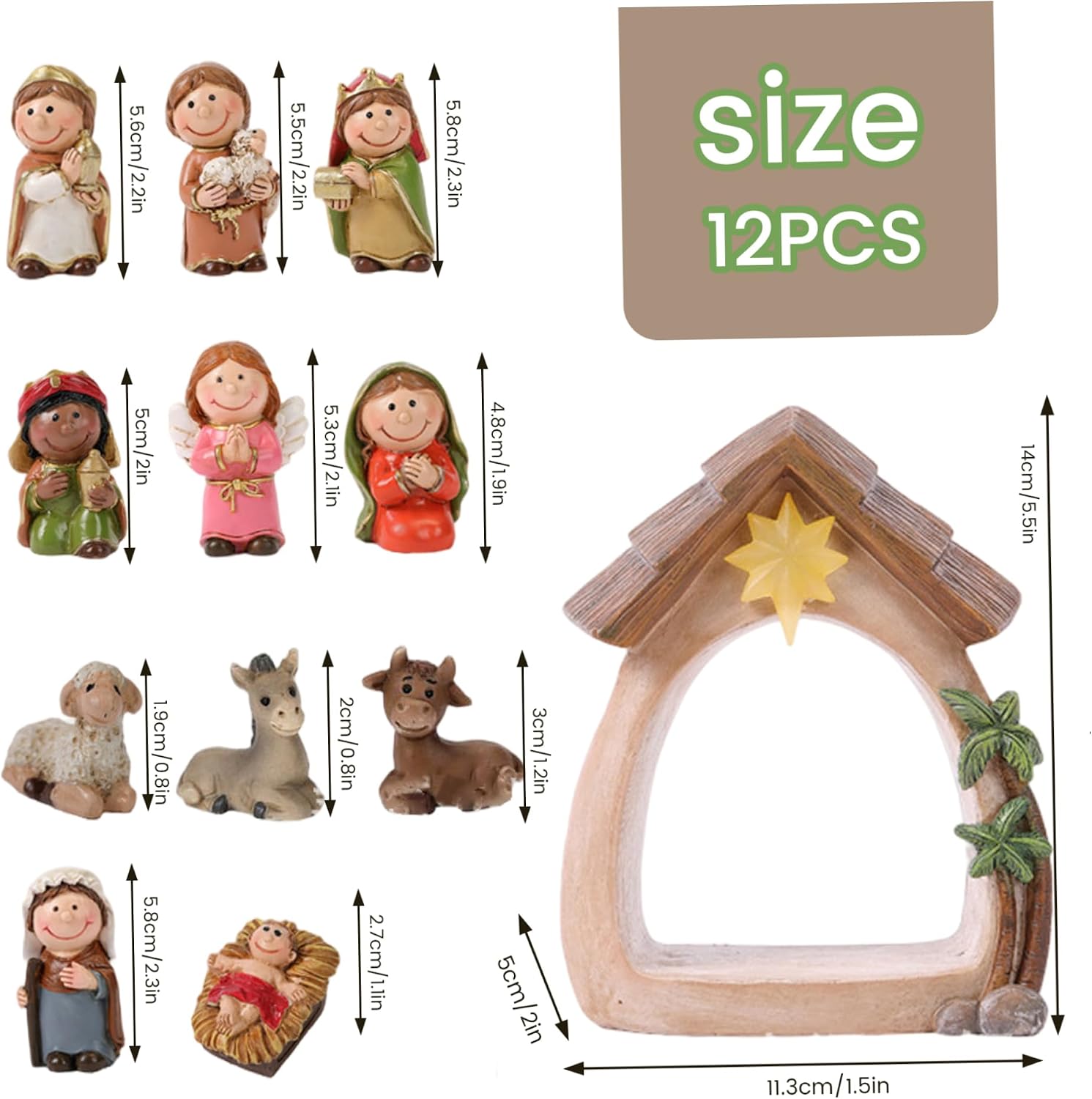 Christmas Decorations Nativity Set 12PCS/Set LED Nativity Scene & Holy Family Figurine Including Baby Jesus Mary and Joseph Ideal for Chistmas Tabletop Decor