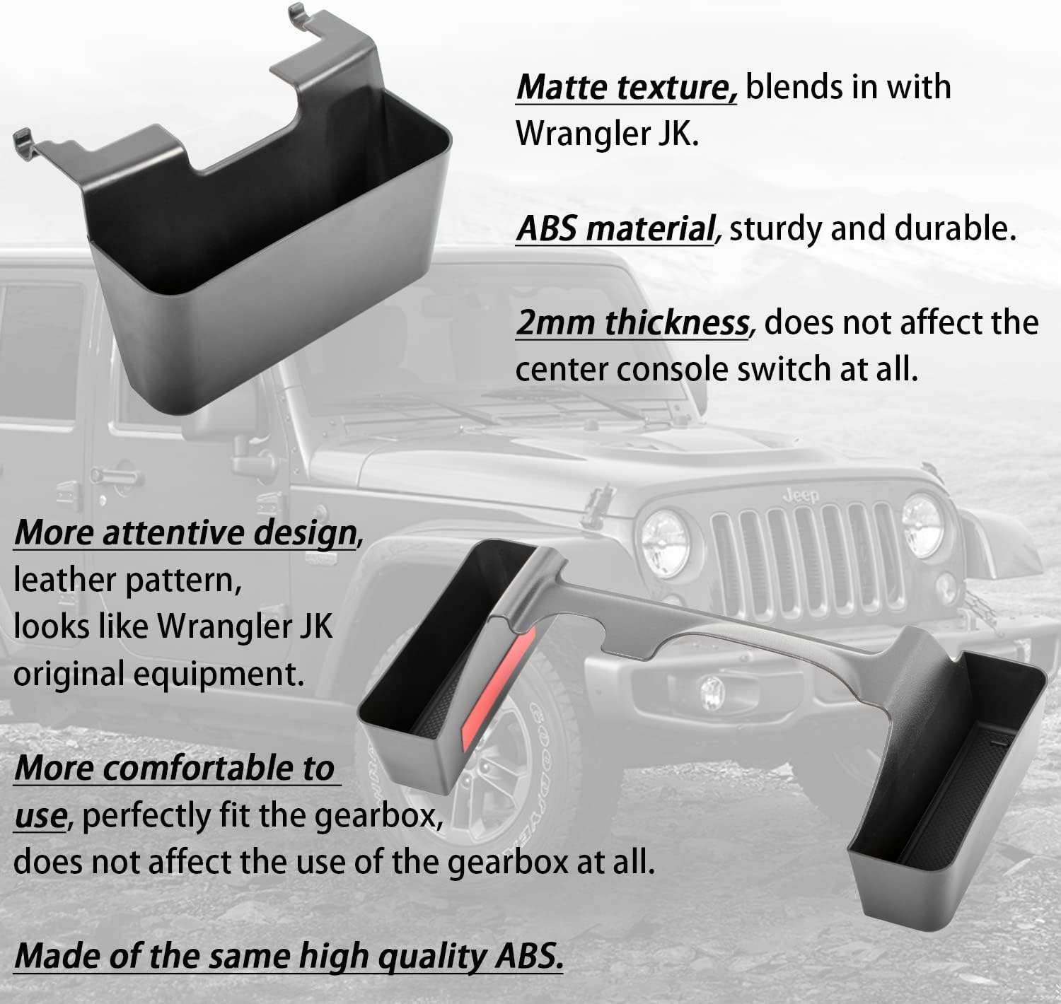 TACOBRO Auto Gear Shift Storage Box Organizer Tray and JK Center Console Hanging Storage Box for Jeep Wrangler JK JKU 2011-2018, Armrest Box Organizer and JKU Gear Shifter Console Side Tray, ABS