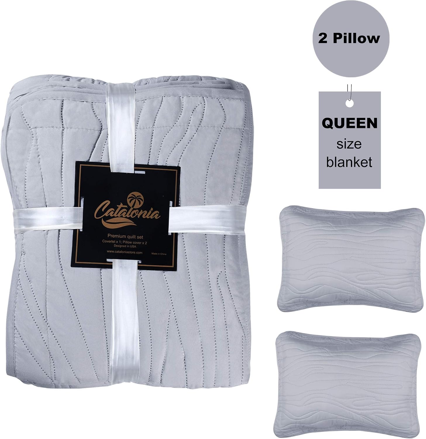 Catalonia Classic Queen Quilt Set with Pillow Shams - Cozy Bedspread Coverlet Set 3 Piece - 1 Bedspread and 2 Pillow Shams - Lightweight Comforter Bedding Cover for All Season (Gray/White, 90" x 96")