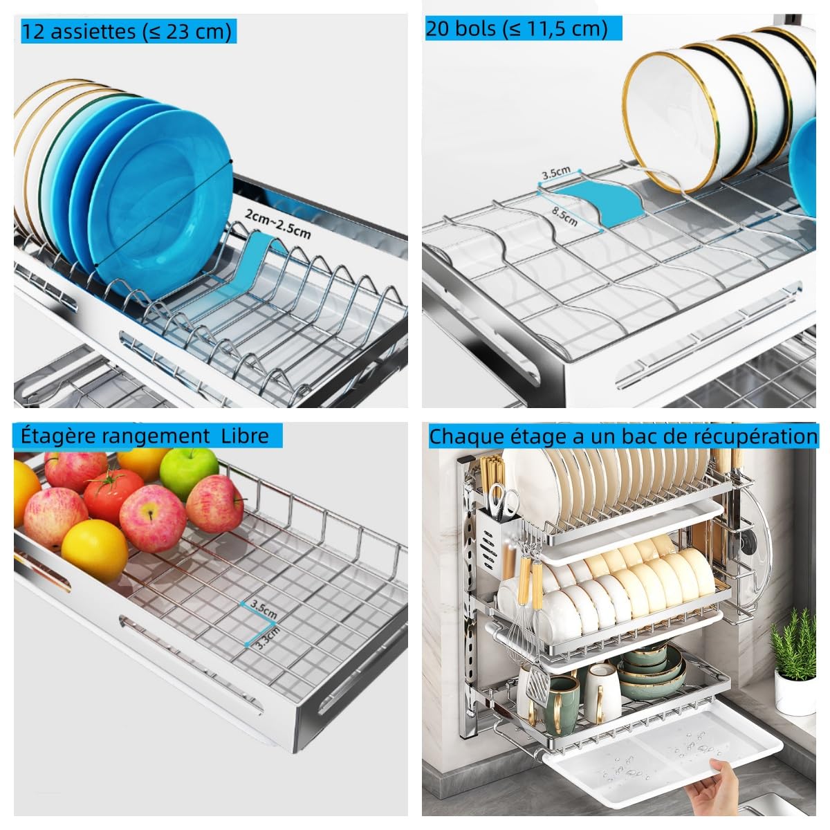 TentHome Escurridor de Platos Cocina Multifuncional con Bandeja, Seca Escurreplatos Pared Grande Colgante, Escurre Organizador Platos y Vasos, Secaplatos Cocina (Acero Inoxidable, 2 Niveles)