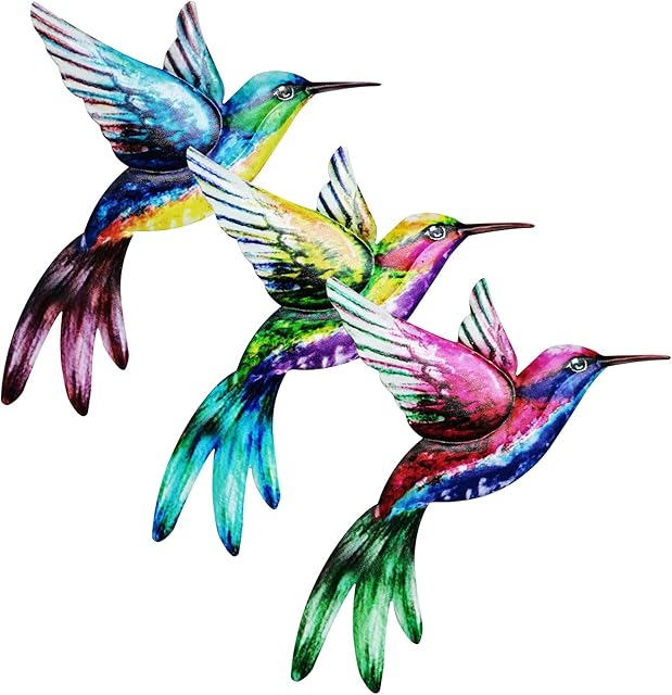 3 Pack Metal Hummingbird Wall Decor, Metal Wall Art Decorations, Colorful Birds Wall Ornaments Hanging for Indoor Outdoor Home Bedroom Living Room Office Garden Patio Fence Outside (Birds-B)