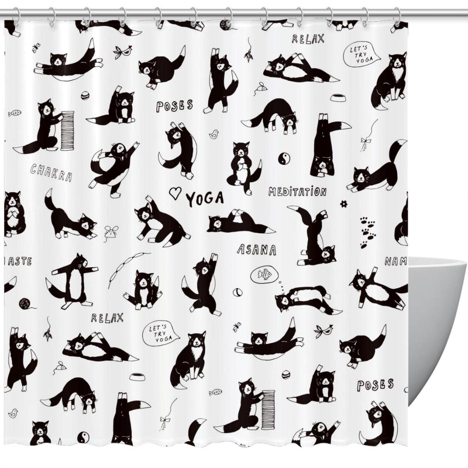 Rideau de douche imperméable anti-éclaboussures motif chat yoga lavable 183 cm