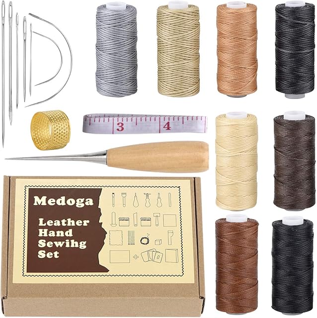 18pcs Waxed Thread with Hand Sewing Needles Kit and Drilling Awl Thimble 150D 1mm Hand Stitching Cord for Leather Craft DIY (18 Leather Sewing kit)