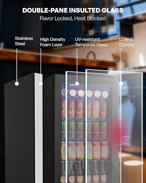 Icyglee Beverage Refrigerator Cooler, 126 Can Mini Fridge with Glass Door for Wine, Soda Beer, Beverage Cooler for Home, Bar, Office with Adjustable Removable Shelves, Black