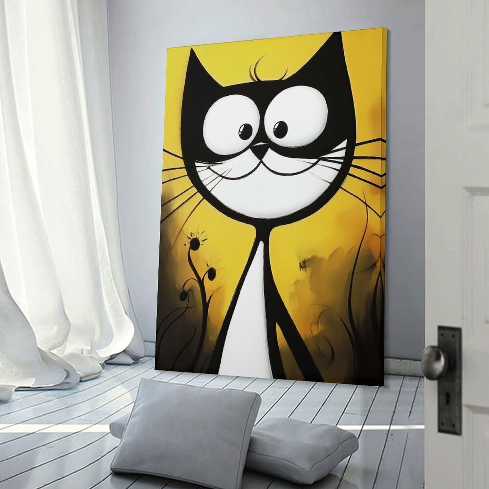 Junmoney Smiling Black Cat Wall Picture Print 24x36inch(60x90cm), for Corridors, Hallways Or Apartment Entries, Decorative Canvas Styling for Entry Areas