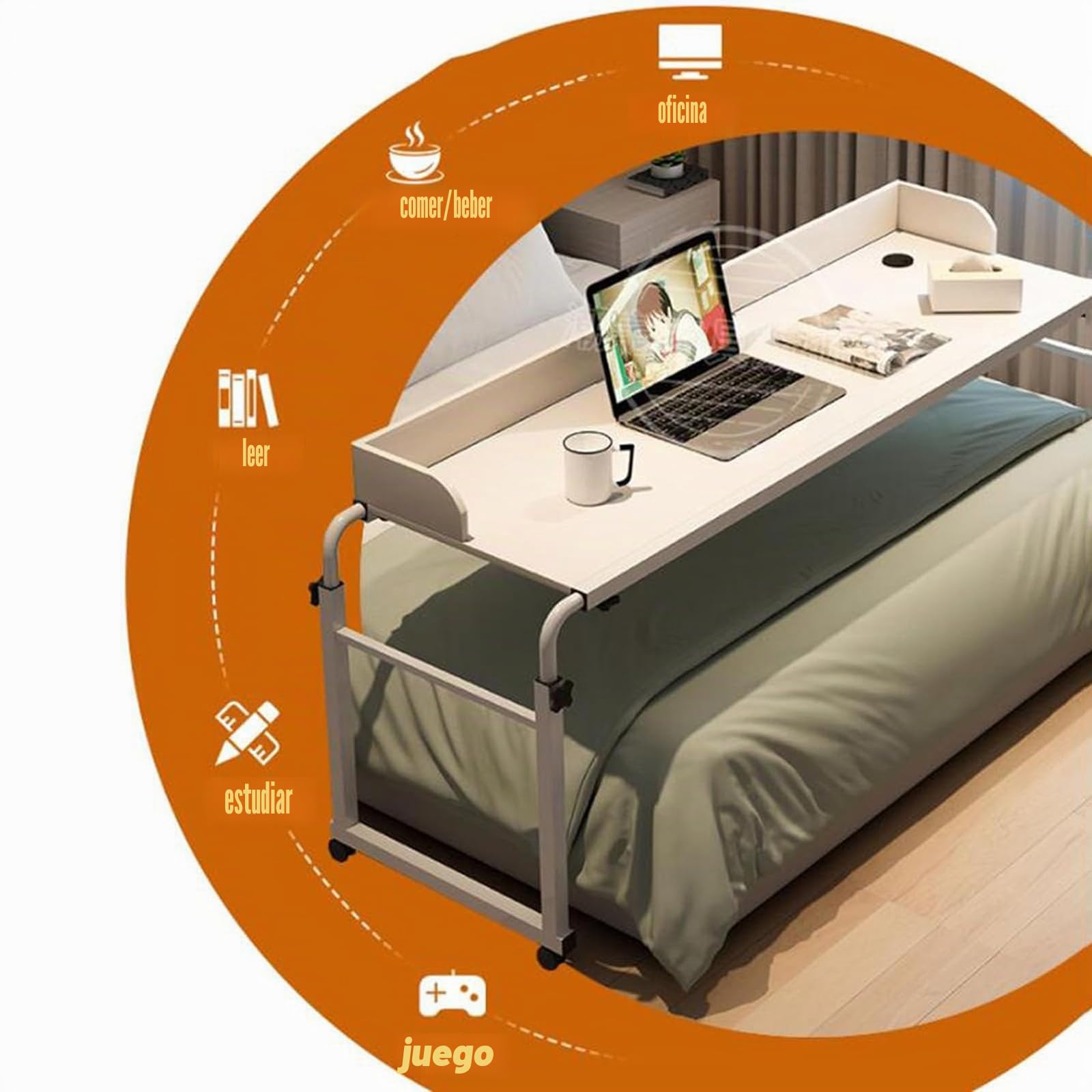 Mesa De Enfermería Cruzada con 4 Ruedas, Mesa Auxiliar para Ordenador Ajustable 115-210CM, Mesa Médica Rodante de Altura Ajustable 65-95cm para Cama Sofá Hospital(Color:Blanco)