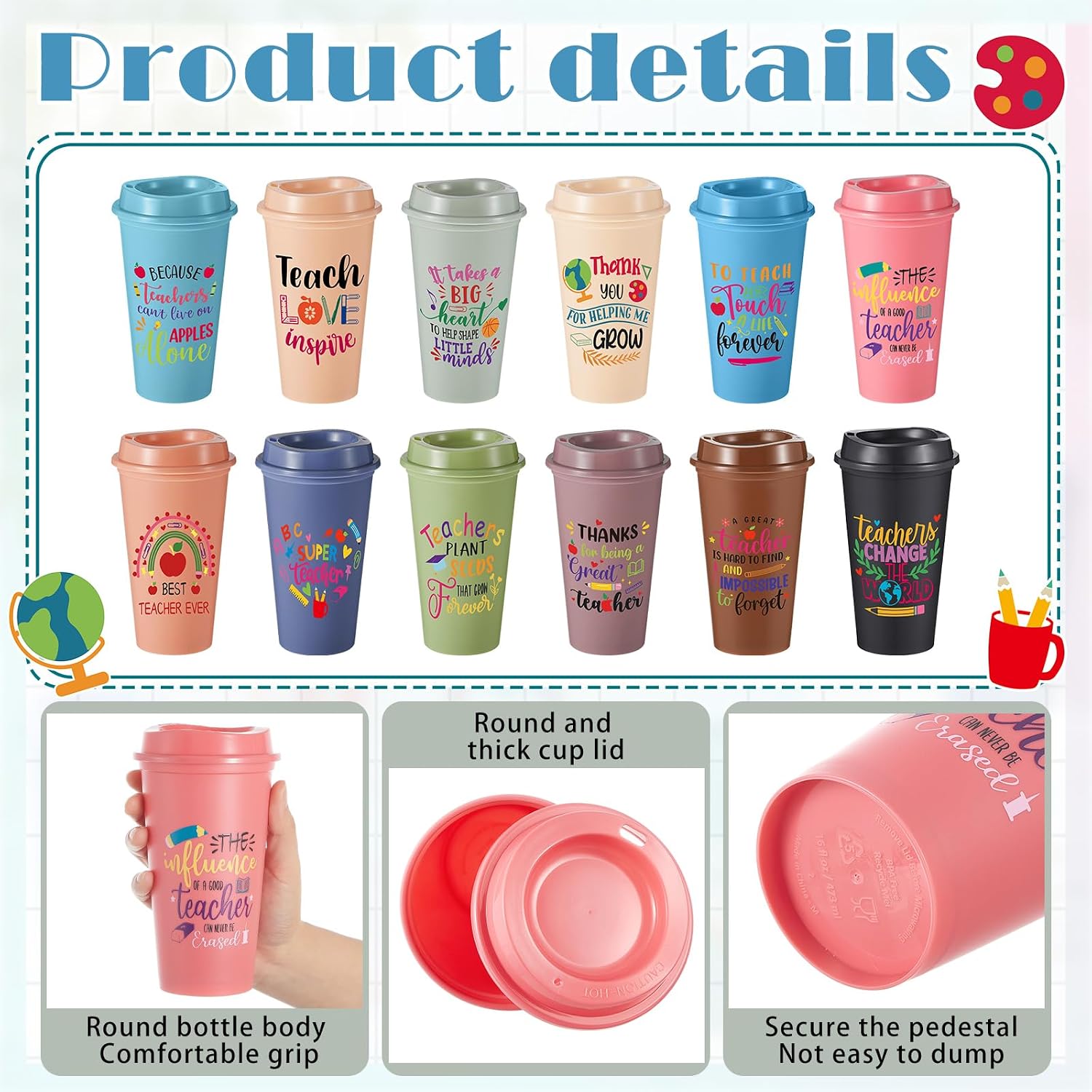 Skylety 48 Pcs Teacher Appreciation Gifts Bulk Thank You Teacher Gifts 16 oz Coffee Cups with Lids for Preschool, Daycare, Kindergarten, Back to School (Morandi Color,Funny Words)