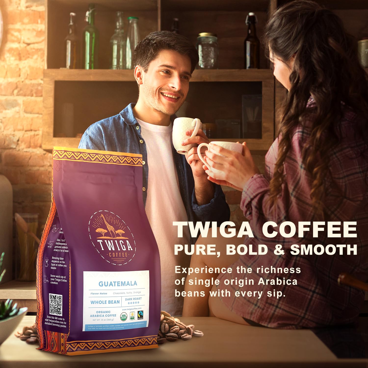 Twiga Coffee Guatemalan Coffee Beans – Premium Dark Roast Arabica Guatemala Whole Beans with Rich Chocolate, Nutty & Orange Notes – Single Origin Whole Bean Coffee – 12 oz