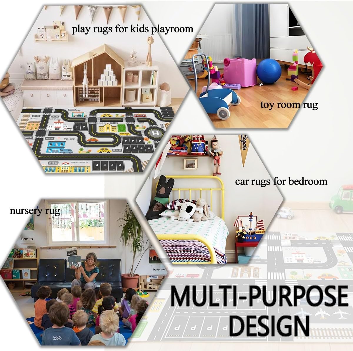 Kids Car Rug Carpet Playmat with Road Track, Non-Slip Child Car Parking Mats, Washable Toddler City Life Street Map Carpet for Playroom Bedroom or Lawn 2'11" × 3'11"