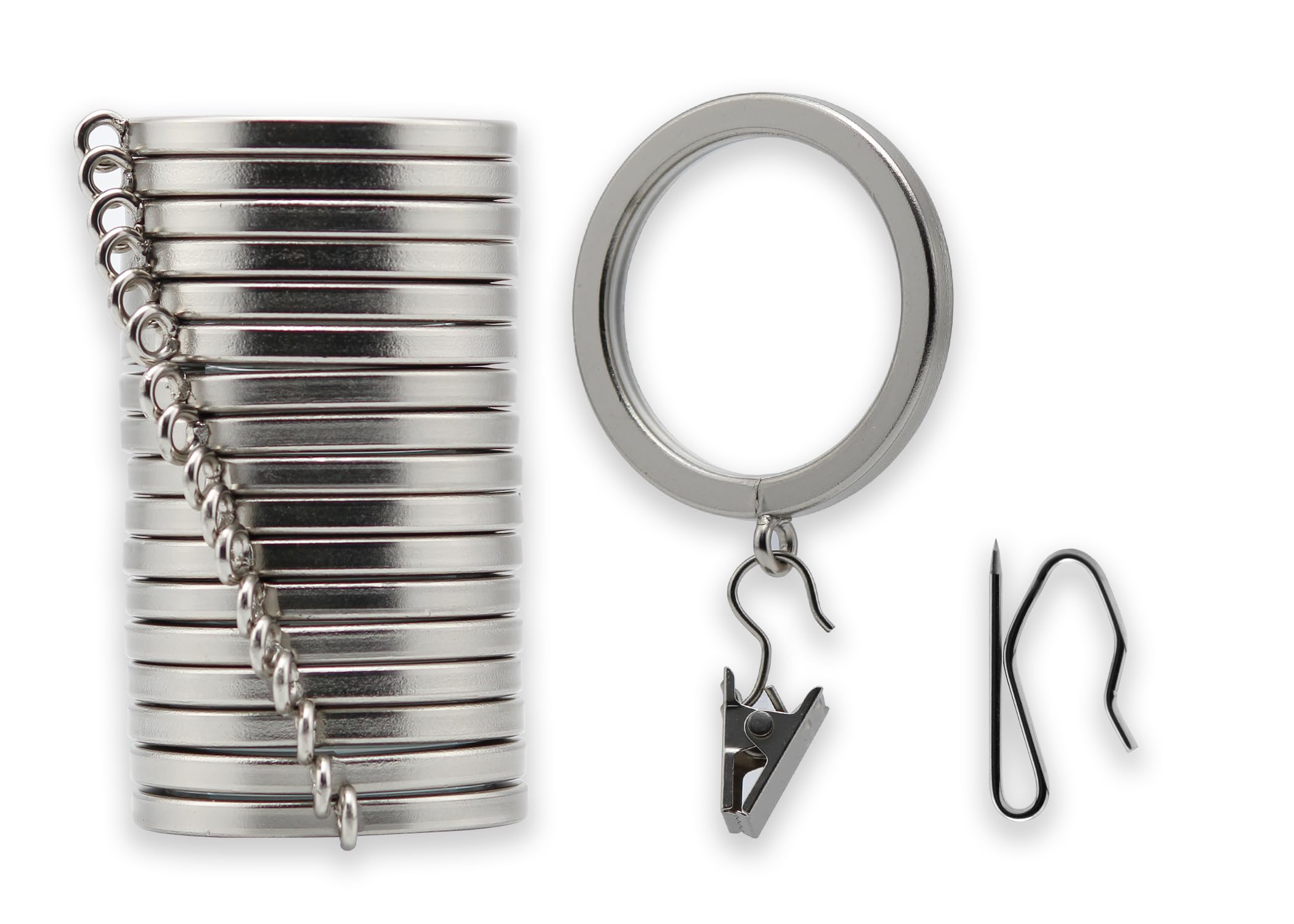 BlastHome Luxury Curtain Rings – Premium Metal with Quiet, Smooth Nylon Inserts – Pinhooks and Clips Included – 1 1/2" Inside Diameter – 18 Rings for Two Standard Curtains– Brushed Nickel