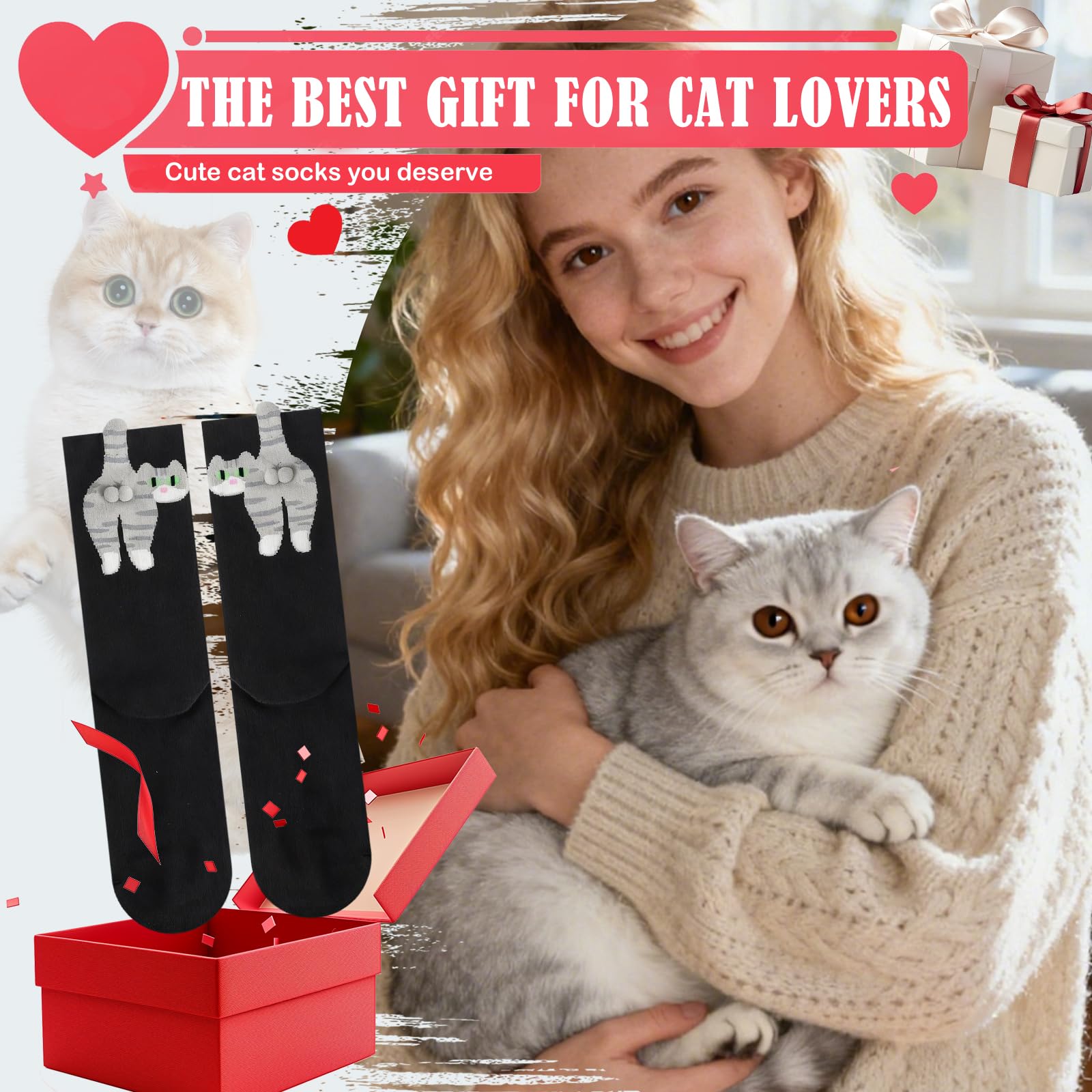 Cute cat balls socks, novelty fun animal socks cute fun white elephant gift for cat lovers