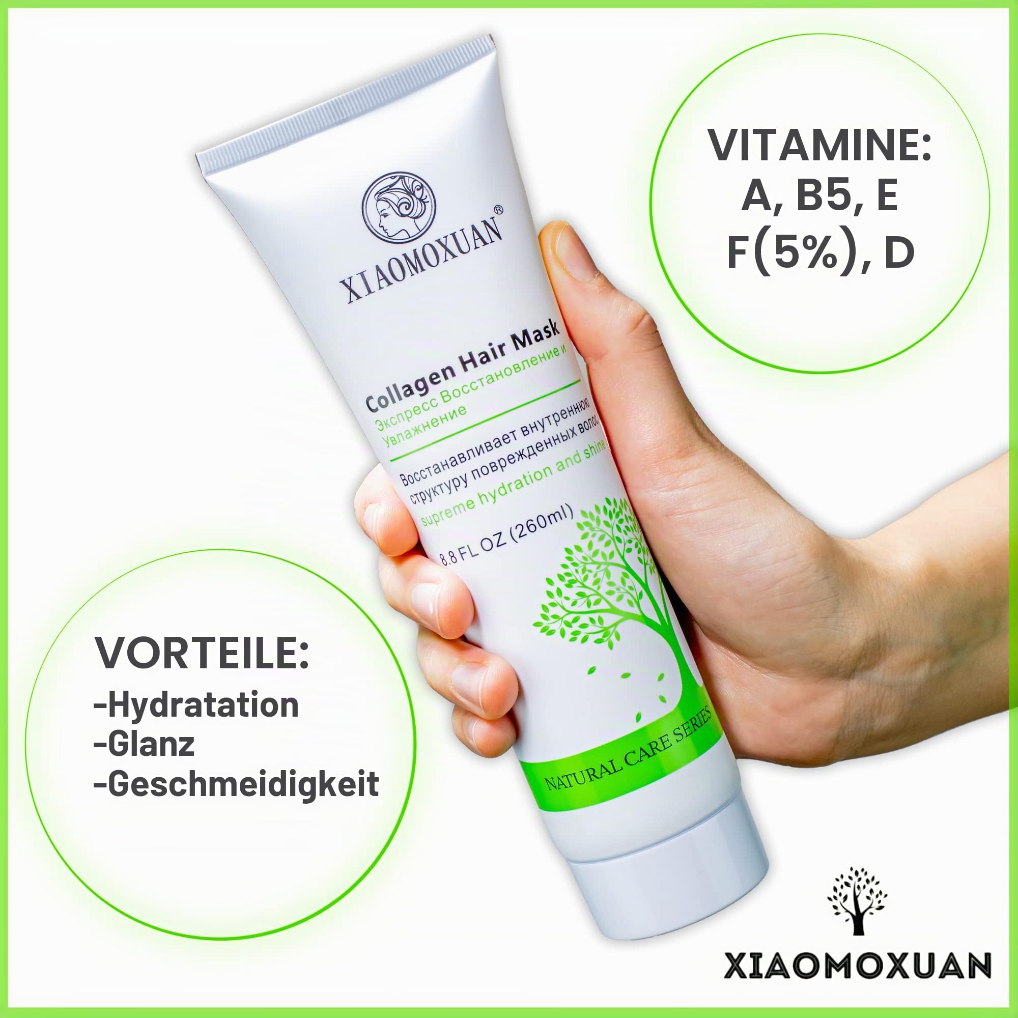 Xiaomoxuan Kollagen-Haarmaske mit Bio-Teebaumöl für trockenes & geschädigtes Haar – Tiefenpflegende & feuchtigkeitsspendende Behandlung, natürliche Splis-End-Reparatur, 260 ml