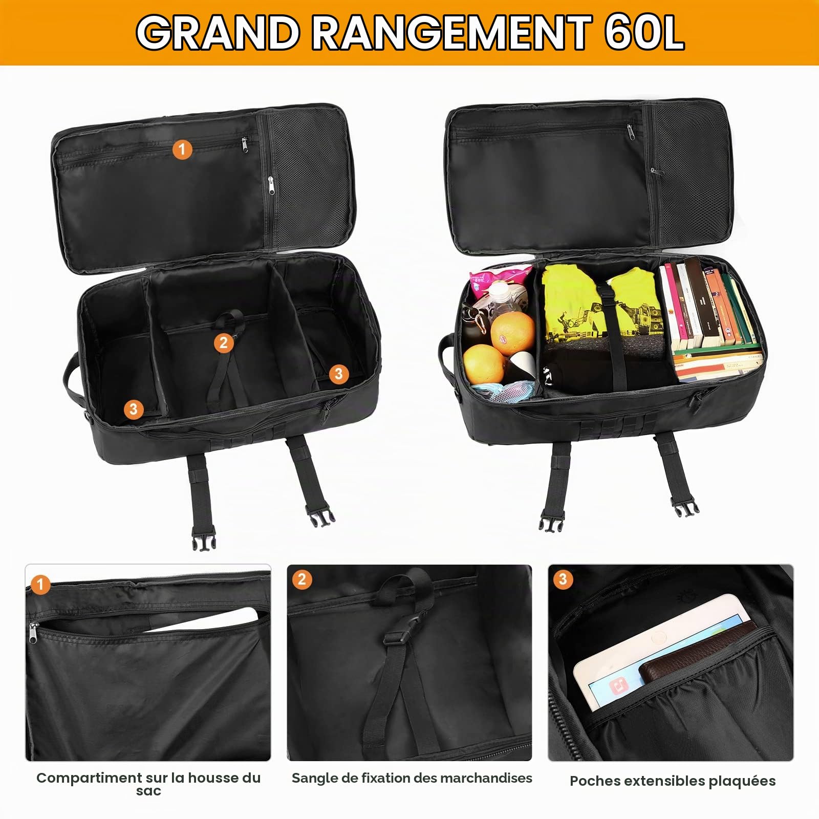 HUNTVP Sac à Dos de Grande Capacité 60L pour Homme - Sacs de Bagage Tactique Militaire Molle - Sac en Nylon pour Voyage, Escalade, Chasse, Camping, Randonnée, Cyclisme