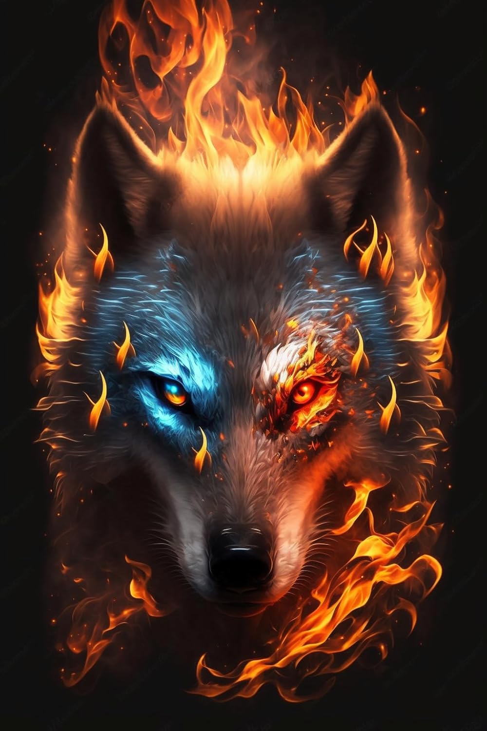 Adult Children Puzzle Challenge, 1000 Piece Puzzle Intellectual Exercise Educational Gift, Gift for Family and Friends-Flaming Wolf