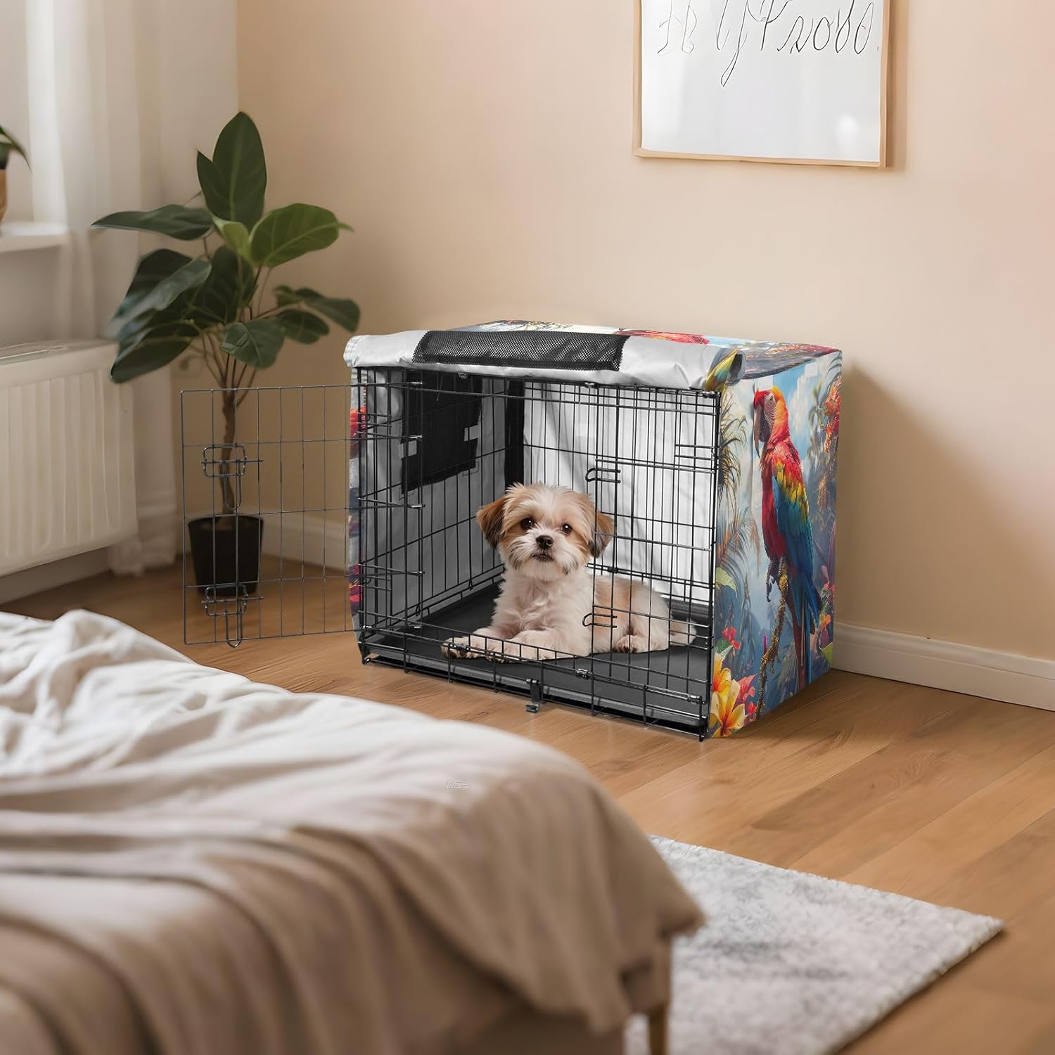 Colorful Parrot Dog Crate Covers Roll-up Sides, Pet Kennel Cover with Mesh Windows, Large