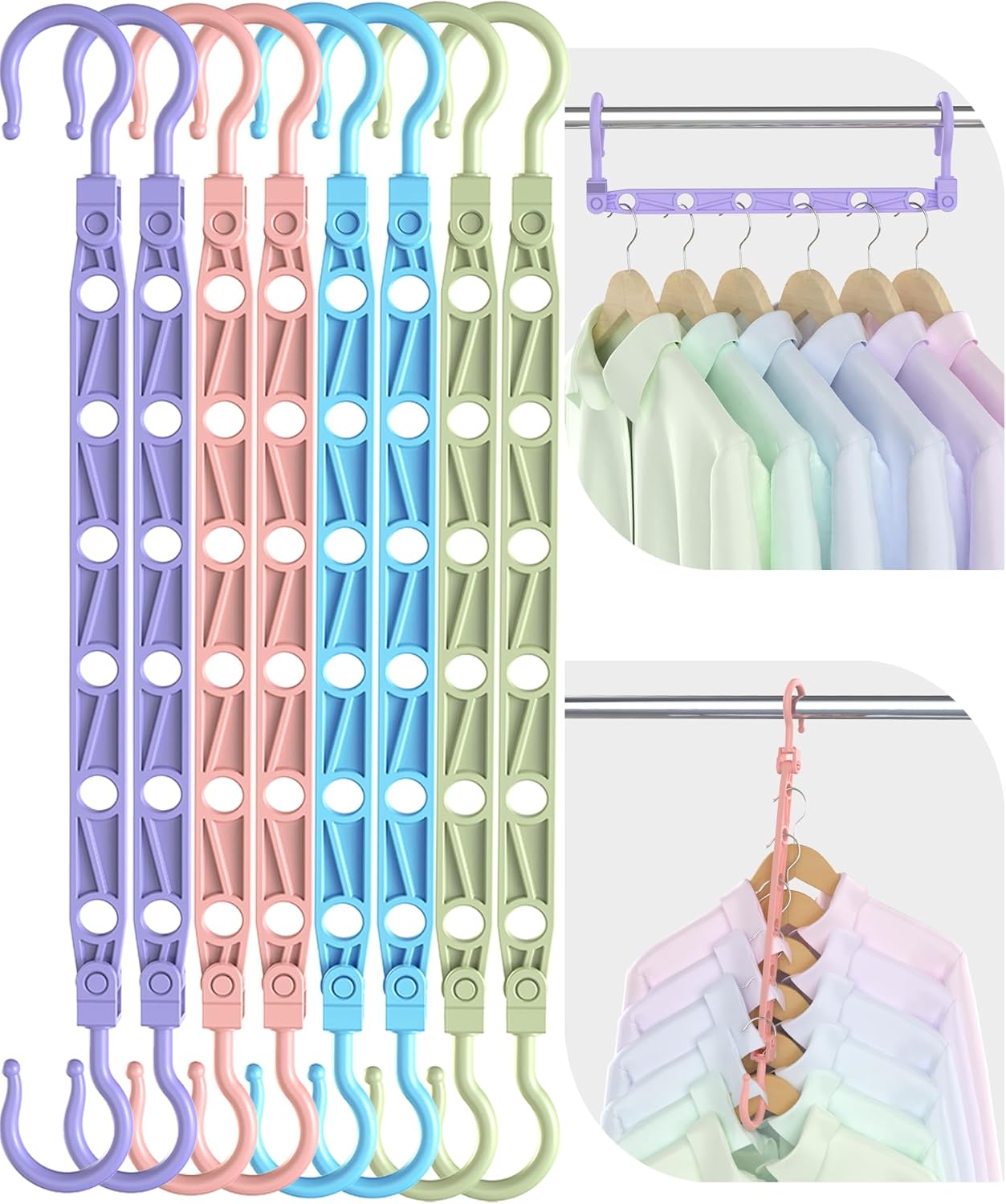 Product image of Space Saving Hangers for Clothes, 8 Pack Magic Hangers with 6 Holes and 360° Swivel Hook, Hanger Hooks Space Saver for Closet Organizers and Storage, Dorm Room Essentials for Girls, Colorful