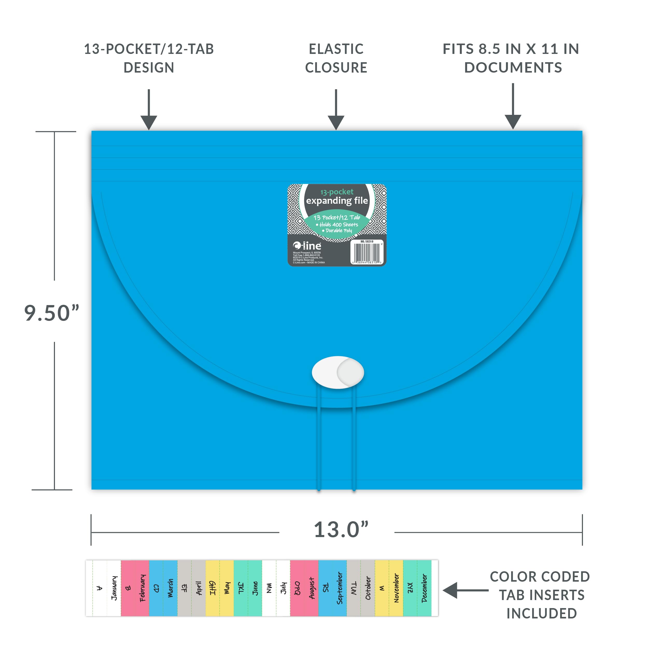 C-Line Fächermappe mit 13 Fächern, Briefformat, 1 Fächermappe, Farbe kann variieren (58310)