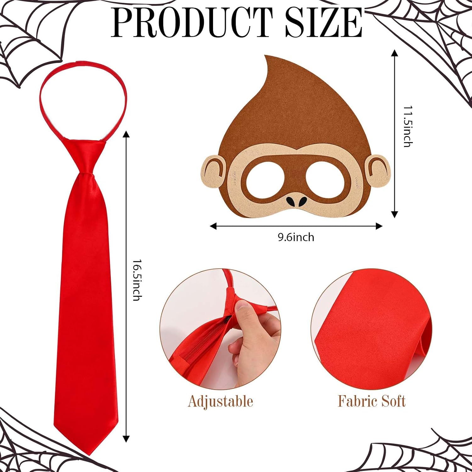 Honic 3 Pcs Gorilla Costume Felt Animal Masks and Red Tie for Adult Women Men Halloween Game Character Cosplay