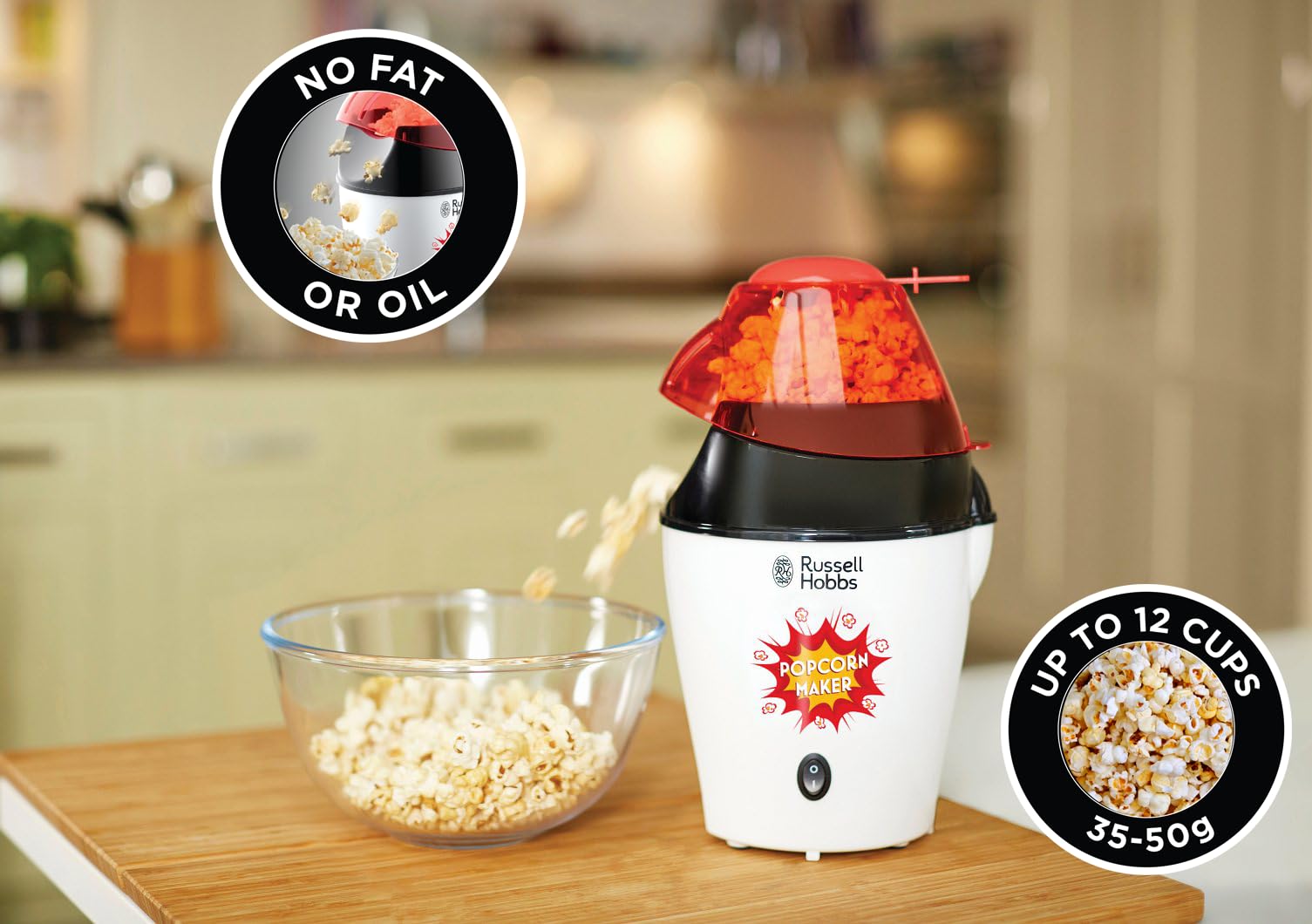 Russell Hobbs Máquina para Hacer Palomitas Fiesta - Palomitas Caseras, Sin Grasa Ni Aceite, Capacidad 12 Tazas, Incluye Cuchara de Medición, Tapa Extraíble, 1200 W, Blanco y Rojo - 24630-56