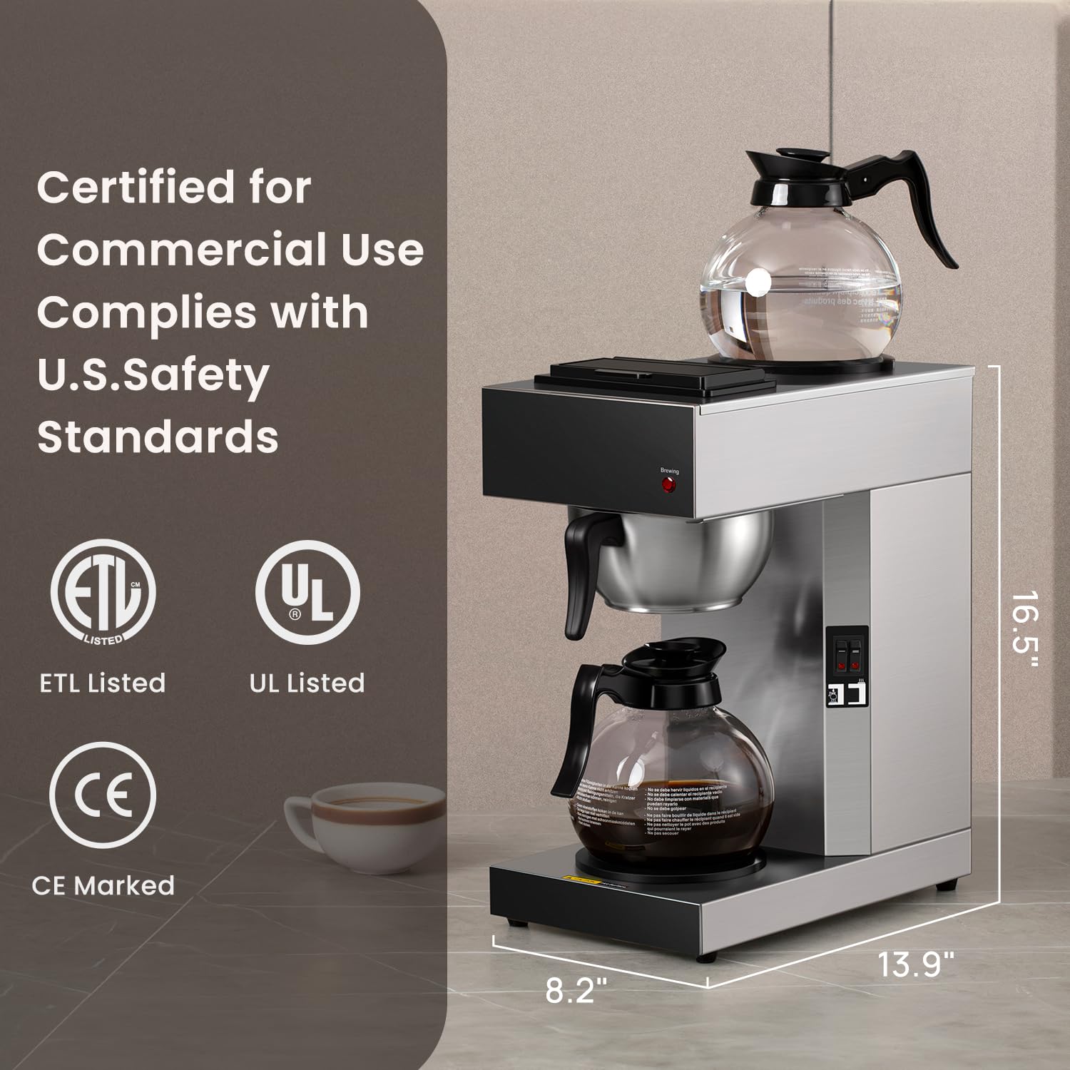 SYBO 12-Cup Commercial Pour Over Coffee Maker SF-CB-2GA | ETL Certified, Stainless Steel, Reusable Brew Basket, Spray Head, Fast Brewing, 2 Glass Carafe Included