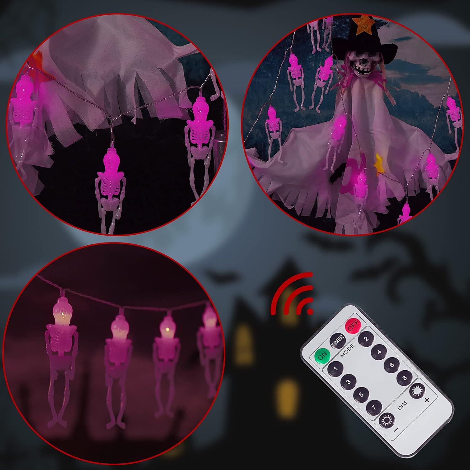 Halloween Skeleton Decoration String Lights 2 Packs of 30 LED Outdoor and Indoor with Remote Control Waterproof Battery Operated, Haunted Houses Party to Create a Halloween Horror Atmosphere (Purple)