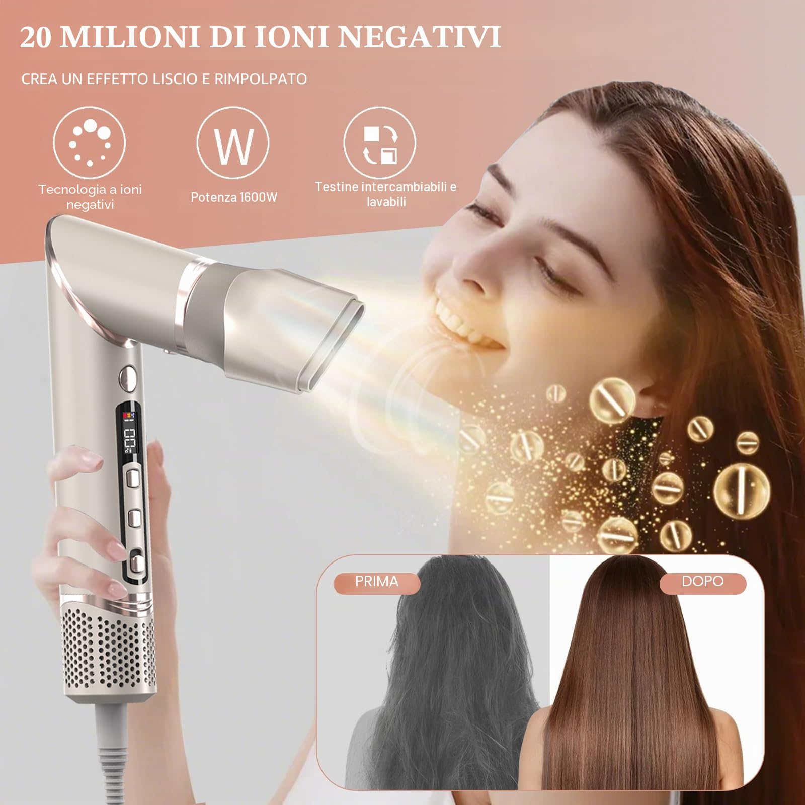 Asciugacapelli 8 in 1, multihairstyler AirStyler, 1600 W, con motore da 110.000 giri/min, con pettine ad aria, ferro arricciacapelli (sinistra e destra), diffusore, bocchetta d'aria (champagne)