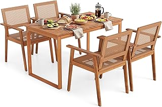Tangkula 5 Pieces Outdoor Acacia Wood Dining Set, Patio Wooden Table and Rattan Chairs for 4 Persons, for Balcony, Poolside, Garden and Backyard