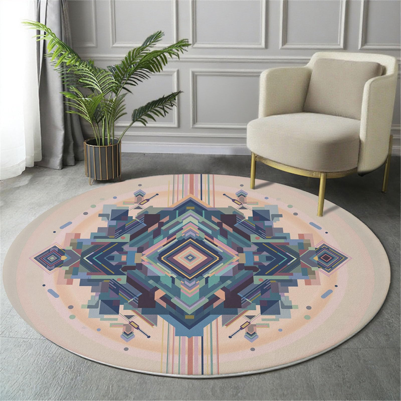 Tapis salon rond antidérapant bleu déco géométrique 60 cm